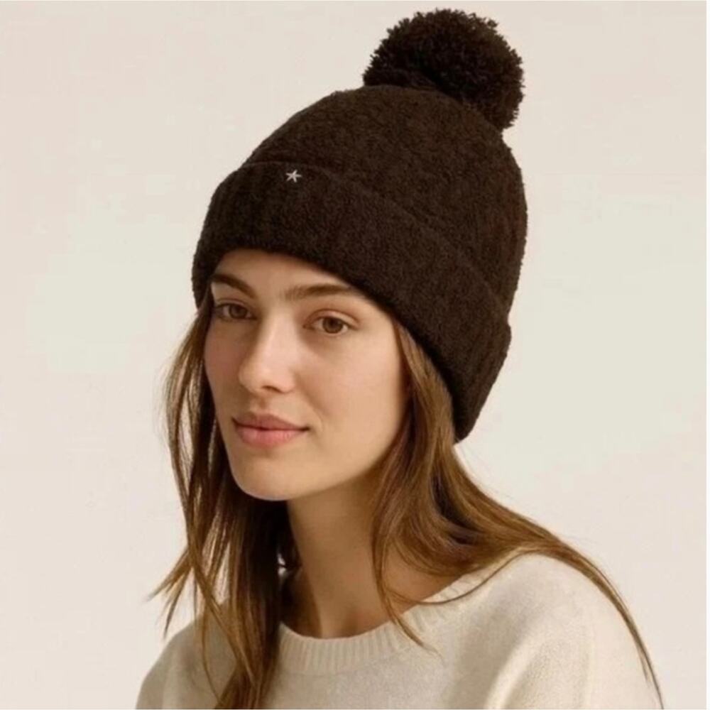 Barefoot Dreams CozyChic Cable Knit Beanie Hat Pom Pom Slouchy Brown NWT OS - Picture 2 of 12
